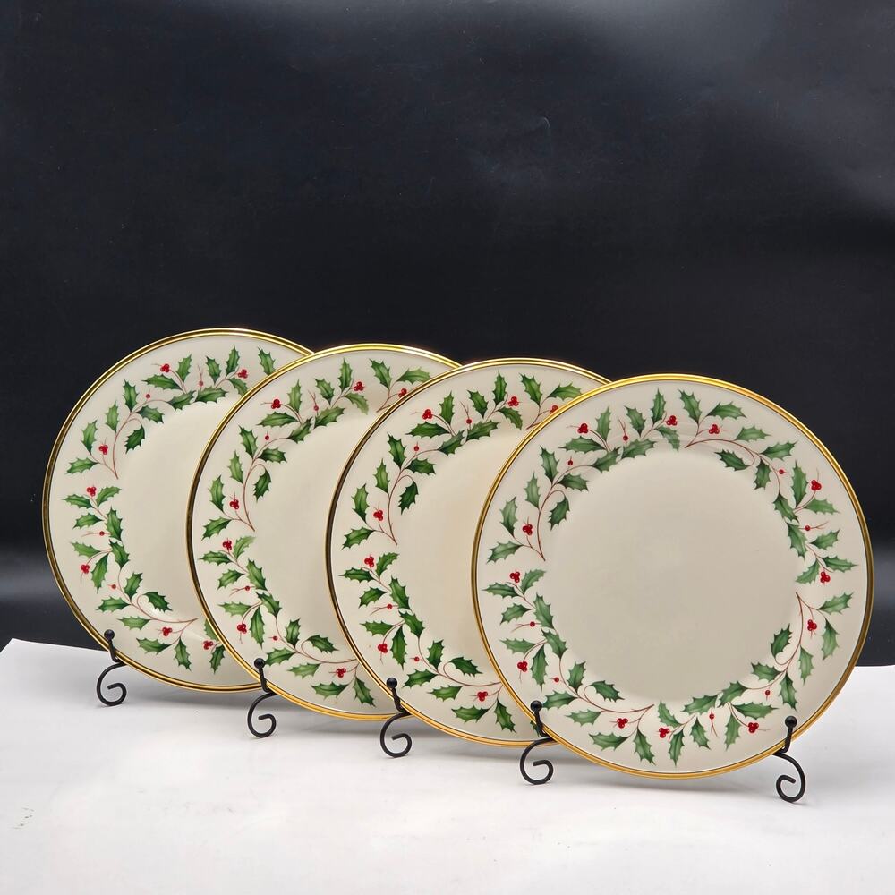Lenox Holiday Dimension 10.75" Dinner Plates Set 4 Gold Trim USA Holly Berries